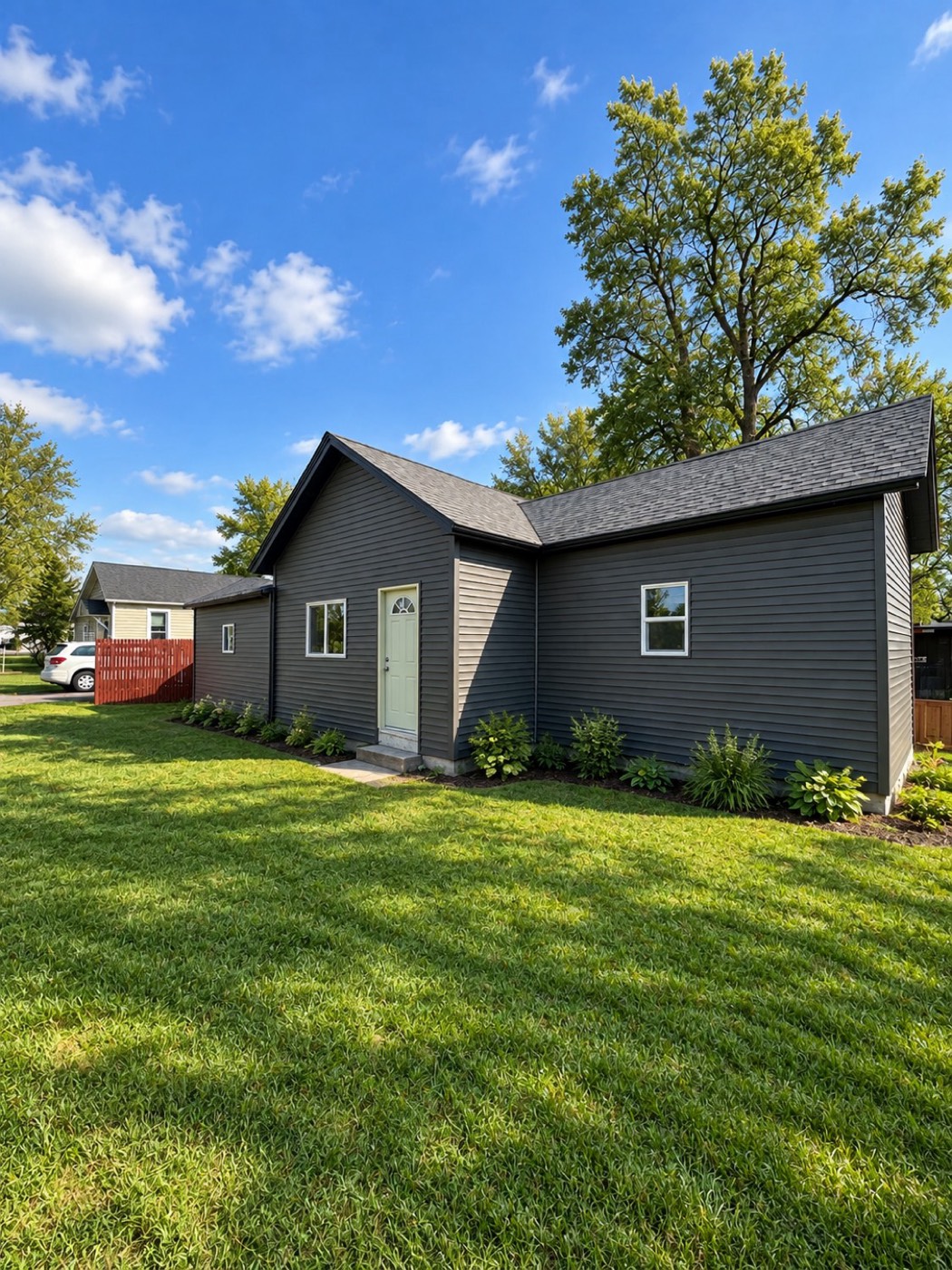 Single-story structure with new gray siding