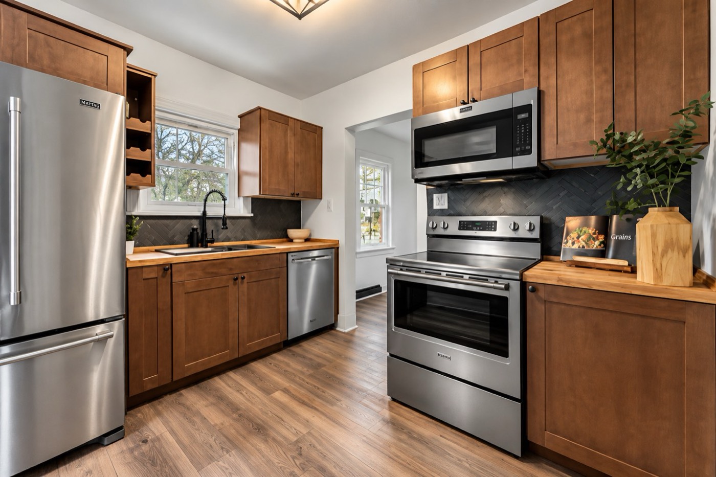 Shaker kitchen with stainless appliances and herringbone backsplash