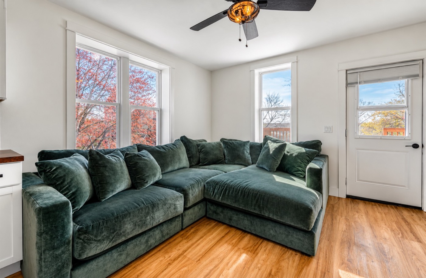 Living area with white trim, bright walls and plank flooring